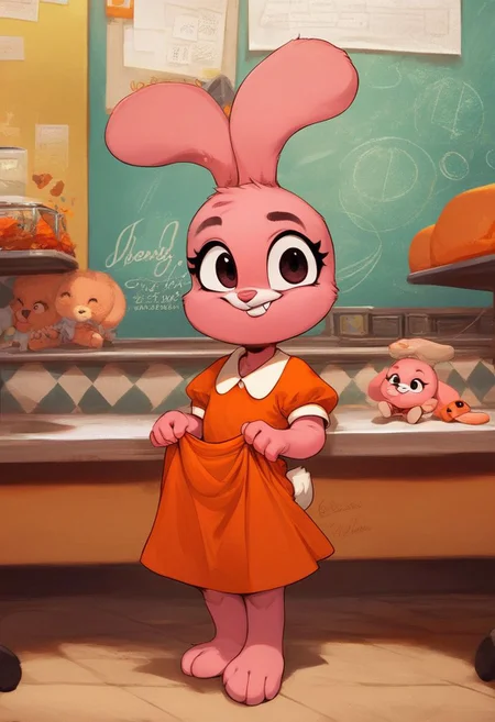 score_9, score_8_up, score_7_up, score_6_up, BREAK rating_safe, , anais_watterson, female, furry, anthro, 1girl, furry female, solo, clothing, dress, (detailed background: School cafeteria), orange dress, clothed, stuffed animal, full body, lift dress, standing, holding, buck teeth, Expressiveh, extremely_bright, cute, cub