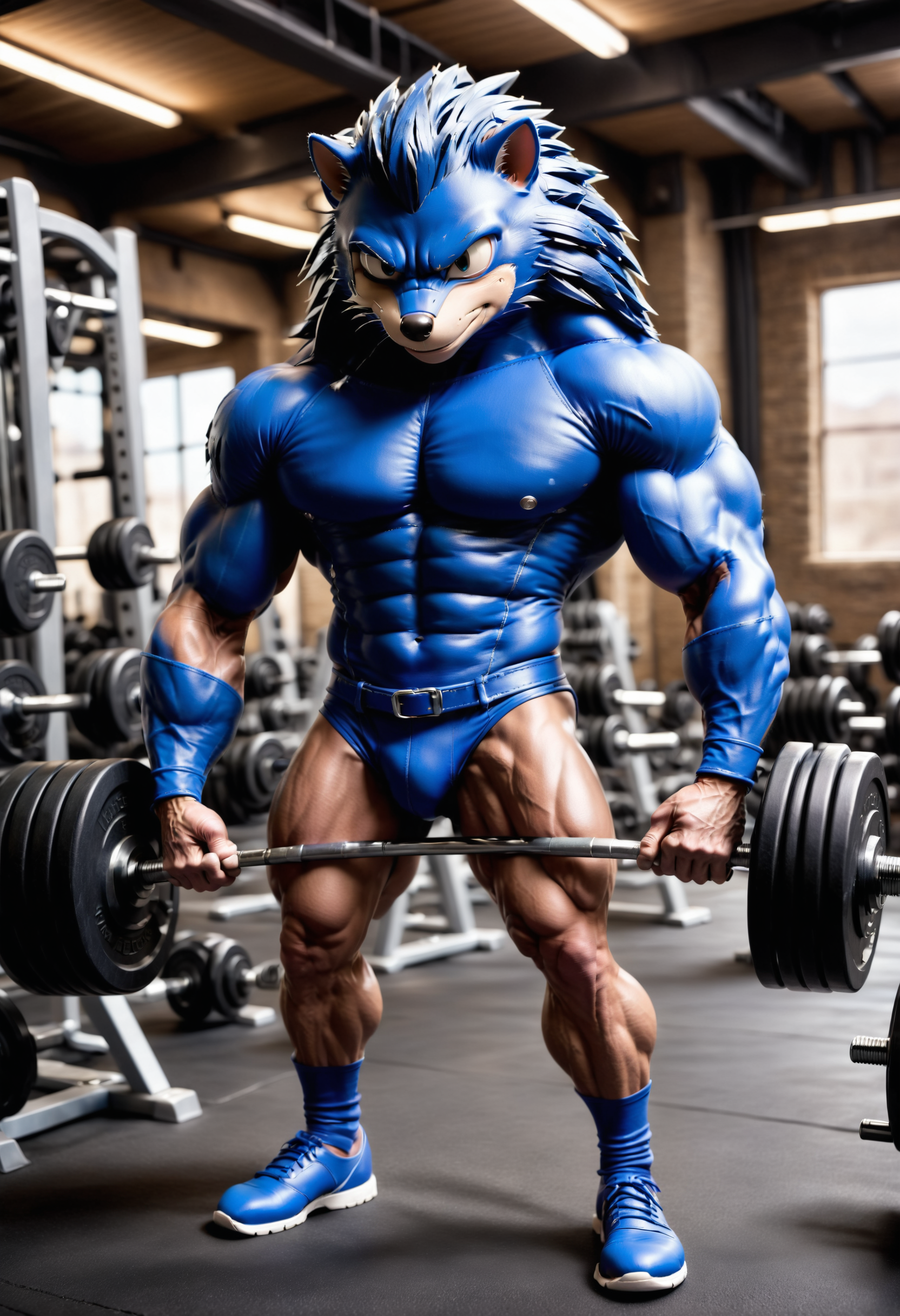 sonic the hedgehog as a professional body builder in the style of Mike Mayhew, blue skin, spandex, (extremely muscular, ripped, abs:2.0), heavy weights, dumbbells, gym background
<lora:dvr-lthr:1> dvr-lthr