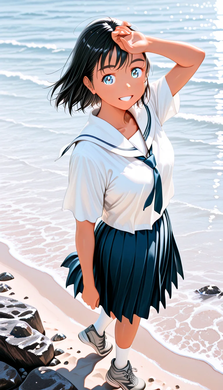 lazypos, masterpiece, best quality, amazing quality, very aesthetic, absurdres, newest, (dynamic angle), (detailed eyes:1.4),general
dynamic_prompting,dynamic_thresholding,lora_block_weight,negpip,wildcard_recursive,wildcards
BREAK
1girl, m1o_manga, black hair,, <lora:Mio_-_100percent_-_mangaSummer_Time_Rendering3-000012:1>, Sun-kissed skin
school uniform, shirt, serafuku, skirt, (Above-the-knee skirtt), Navy blue tie, White socks, grey sneakers
parted lips, very happy, laughing
BREAK
Nature, ocean, sandy beach, blue ocean, highly transparent ocean, wonderfully beautiful ocean, wide sandy beach, embankment view, Rocks, coastal rocks
hand on own forehead