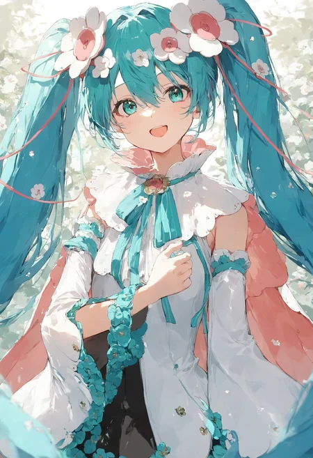 score_9,score_8_up,score_7_up,,source_anime BREAK, upper body , 1girl, solo,looking at viewer,, MHM21, hatsune miku, hair ornament, flower, twintails, magical mirai miku, long hair, hair flower, detached sleeves, open mouth, aqua hair, smile, very long hair, wide sleeves, medallion, white sleeves, aqua ribbon, aqua eyes, cape, hair between eyes, white flower<lora:ãã¸ã«ã«ãã©ã¤2021:1>