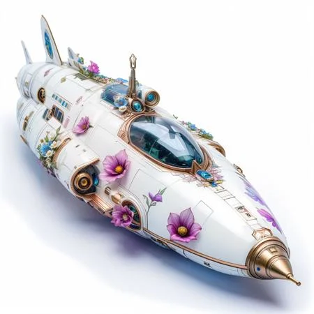 Clear white background, flowers, intricate design, ArsMJStyle, Art Noveau, (Spaceship), <lora:ArsMJStyleSDXL_-_Art_Nouveau:1>