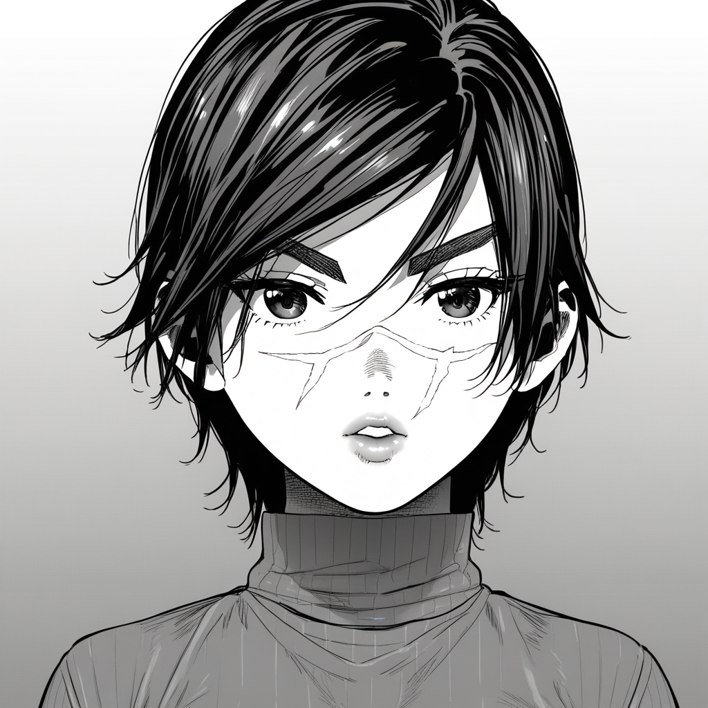 score_8_up, BREAK, SaichiSugimoto, 1girl, solo, black hair, short hair, brown eyes,  scar on face,  turtleneck, cowboy shot,  <lora:female_SaichiSugimoto_PXL_Leaf1:1>, monochrome, greyscale, gradient background,