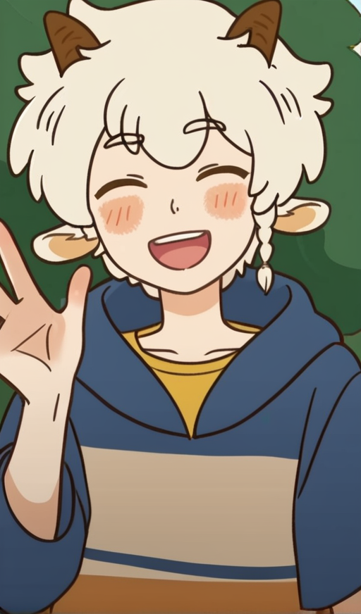 score_9, 1boy, solo, animal ears, horns, white hair, male focus, yellow eyes, braid, short hair, happy, closed eyes,  smile, blush, mouth open, looking at viewer, waving, <lora:Neil_Bowman:1>