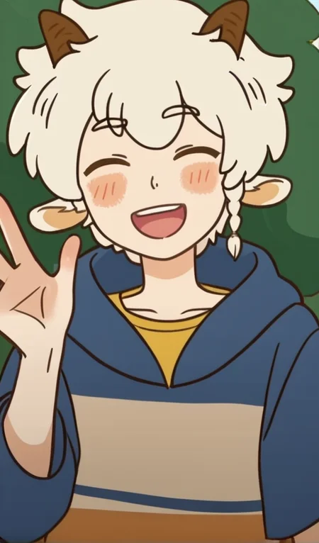 score_9, 1boy, solo, animal ears, horns, white hair, male focus, yellow eyes, braid, short hair, happy, closed eyes, smile, blush, mouth open, looking at viewer, waving, <lora:Neil_Bowman:1>