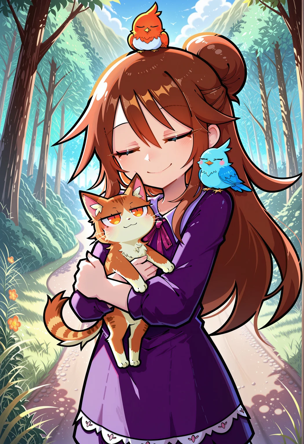 Funset, brown hair, sidelocks, half updo, long hair, purple dress, masterpiece, best quality, absurdres, cute, kawaii,
outdoors, nature,
standing, holding cat, kitten, orange eyes, jitome, hug, (cheek press:0.5), bird on head, bird on shoulder, happy smile, closed eyes, very happy,
intricate, highly detailed, majestic