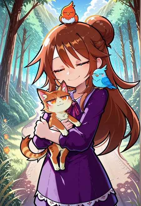 Funset, brown hair, sidelocks, half updo, long hair, purple dress, masterpiece, best quality, absurdres, cute, kawaii,
outdoors, nature,
standing, holding cat, kitten, orange eyes, jitome, hug, (cheek press:0.5), bird on head, bird on shoulder, happy smile, closed eyes, very happy,
intricate, highly detailed, majestic