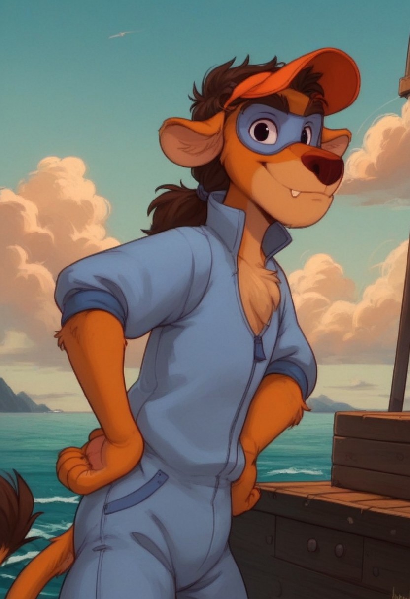 score_7, score_8, score_9, dynamic lighting, detailed background, background is ship dock, dock, (stacked crates), ((ocean)), boats, mountains in distance, ((outdoors)), clouds, sunny, (close up), cowboy shot,
BREAK 
Solo, 1boy, ((anthropomorphic)), furry male, Wildcat, yellow fur, two tone fur, brown hair, hair in ponytail, animal nose, black eyes, slender, animal ears, yellow ears, (yellow tail), feet claws, snaggle tooth, eye mask, fluffy fur, fluffy eyebrows, (fang), chest fur tuft,
BREAK 
standing, looking at viewer, smiling, jumpsuit, hat, hands on hips,