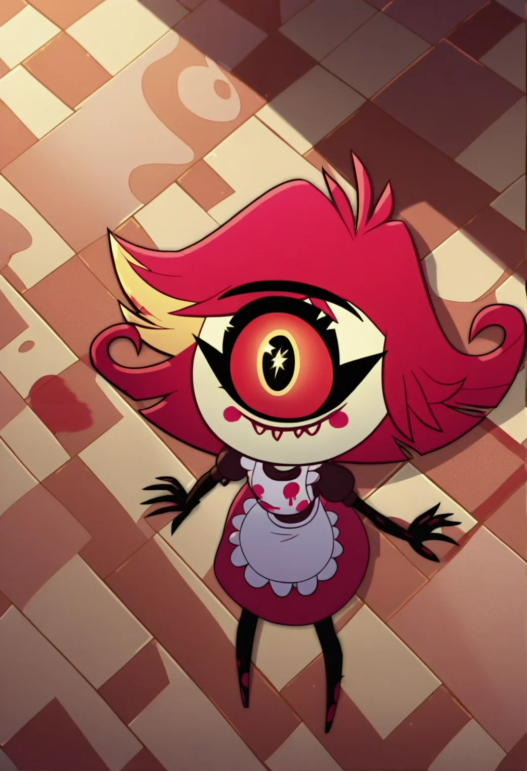 <lora:hazbin_hotel_ponyxl_v2-000025:0.9>, niffty, cyclops, solo, from above, sparkling eyes, cute, floor, white apron, paint splatter, maid,
BREAK
score_9, score_8_up, score_7_up, score_6_up, screencap
