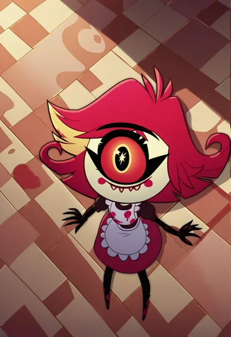 <lora:hazbin_hotel_ponyxl_v2-000025:0.9>, niffty, cyclops, solo, from above, sparkling eyes, cute, floor, white apron, paint splatter, maid,
BREAK
score_9, score_8_up, score_7_up, score_6_up, screencap