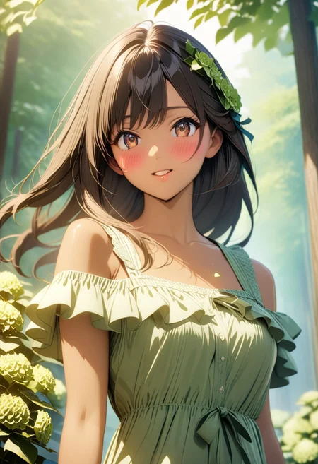 gorgeous lips, cinematic, (masterpiece), (best quality), (ultra-detailed), very aesthetic, illustration, perfect composition, intricate details, absurdres, detailed face, (anime, masterpiece, intricate:1.3), (best quality, hires textures, high detail:1.2), brown eyes,
1girl, brown skin, tan skin, very long black hair, wavy hair,medium breasts, perfecteyes, 8k, highest quality, ultra details,1girl, solo(,red frilly offshoulder sundress with bows and ribbons:1.2), green hair ribbon, surrounded by green hydrangeas, touching green hydrangeas, forest filled with green hydrangeas, spring season, cinematic lighting, hair blowing in the wind, dress blowing in wind, blush, smile, happy, falling flower petals ,green flowers in hair, green hydrangeas cover the entire ground, flower petals blowing in the wind, (dynamic shot:1.4), photoshoot