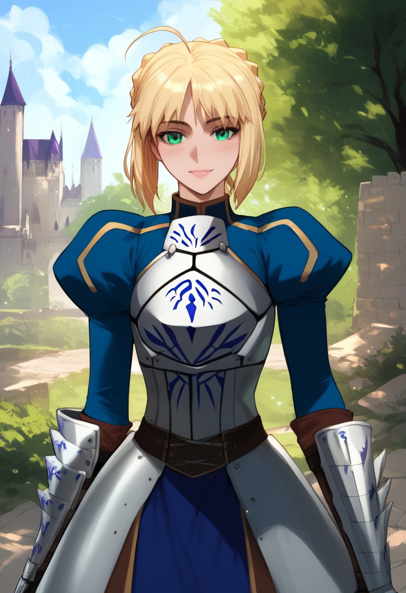 (score_9, score_8_up, score_7_up, high quality, best quality, ultra-detailed, very aesthetic, illustration, perfect composition, intricate details, absurdres, high res image, masterpiece, vibrant colors, beautiful face, detailed face, 1girl, solo focus, perfect eyes, detailed eyes), SaberArmor, female, green eyes, blonde hair, short hair, french braid, ahoge, light blush, pale skin, full lips, large thighs, perfect body, fit body, voluptuous, medium breasts, curvy body, narrow-waisted, wide hips, (breastplate, blue dress, gauntlets, juliet sleeves, faulds), (teasing expression, small smile, suggestive pose), (outdoors, castle, fantasy, medieval architecture)