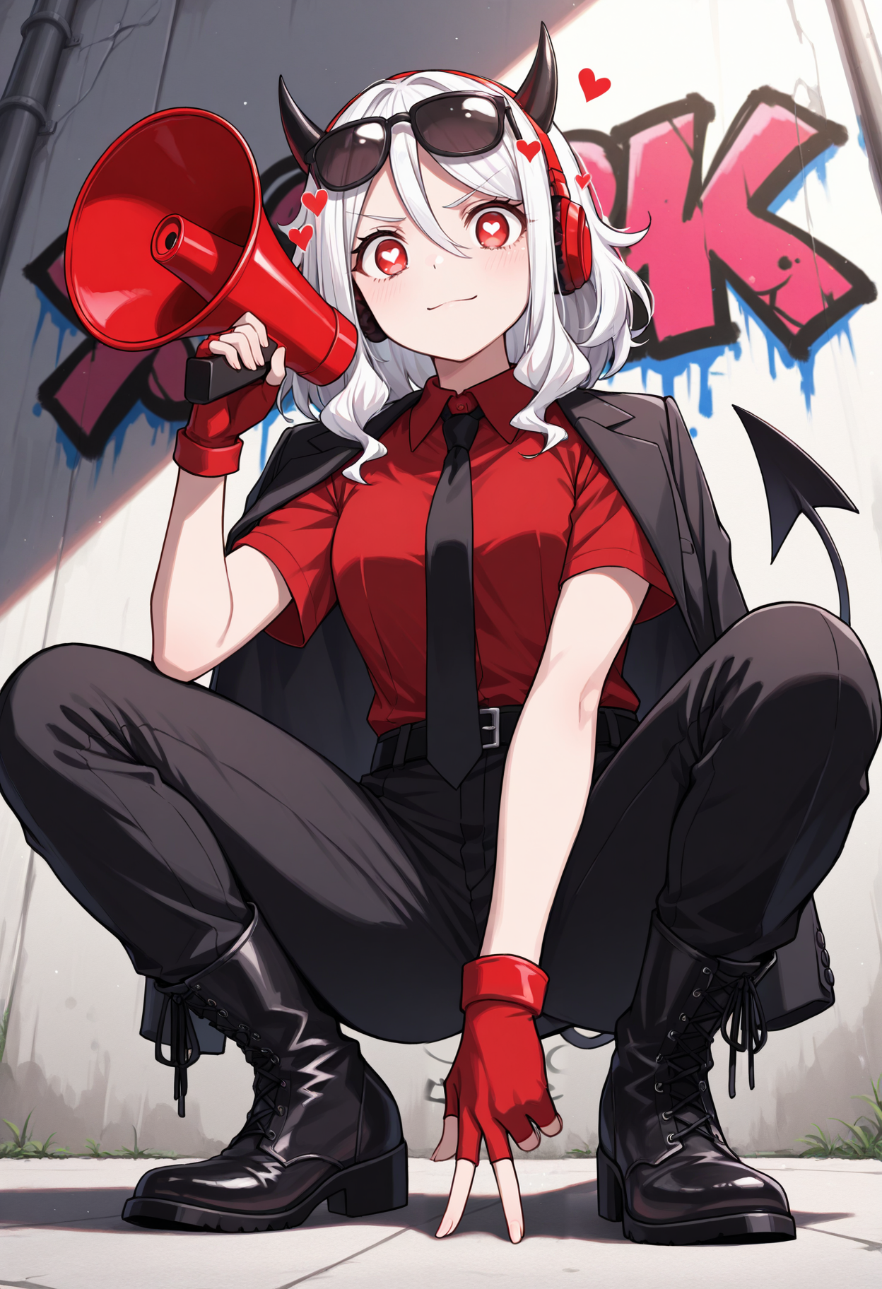 masterpiece, best quality, 1girl, solo, mod3us, medium hair, white hair, hair between eyes, black horns, demon horns, red shirt, collared shirt, suit, black jacket, short sleeves, (jacket on shoulders:1.2), sunglasses, red hairband, sparkle, eyewear on head, (graffiti:1.1), squatting, from below, spread legs, full body, red eyes, heart-shaped pupils, demon tail, black pants, black belt, black necktie, red gloves, fingerless gloves, boots, black footwear, looking at viewer, headphones, megaphone, holding megaphone, v-shaped eyebrows, closed mouth, light smile