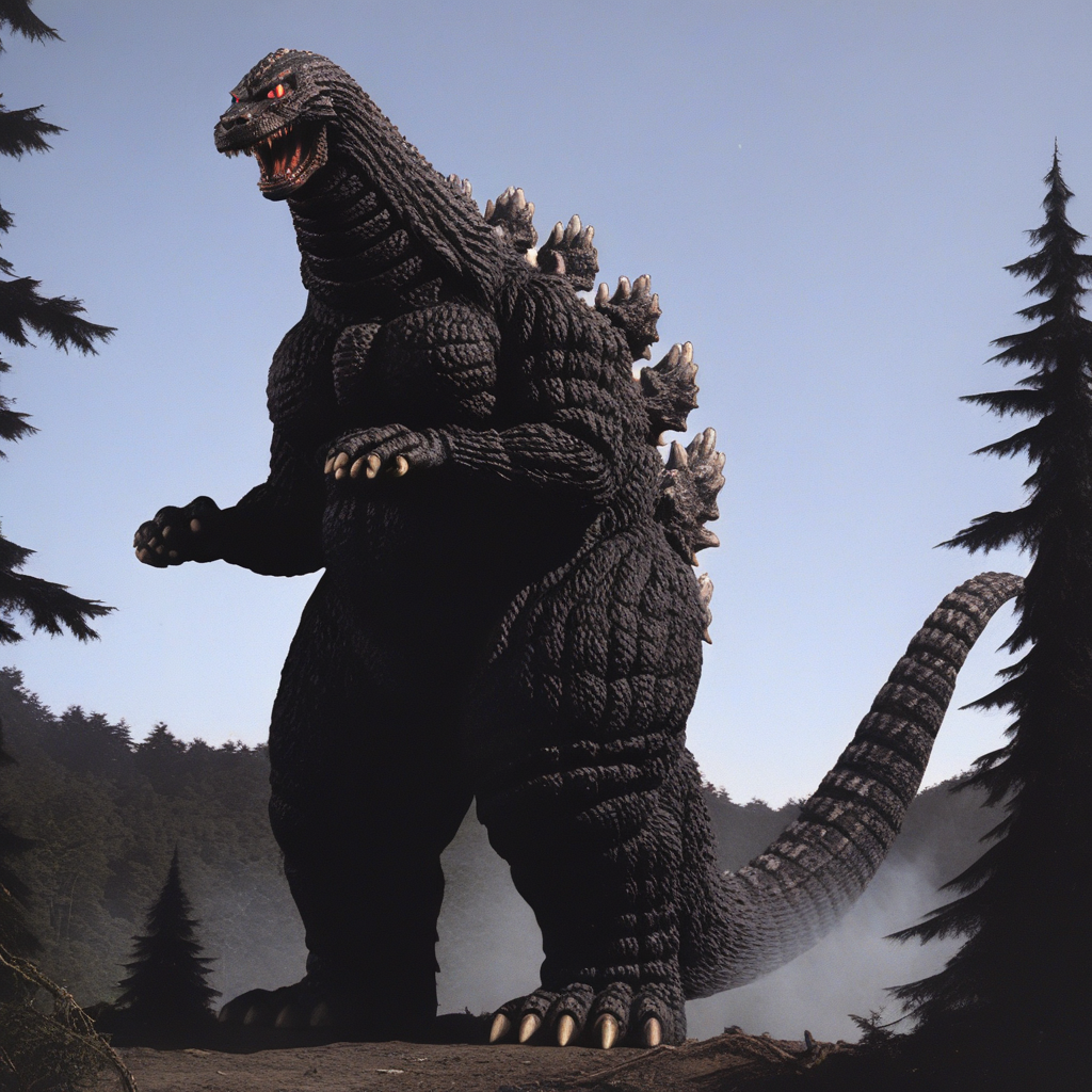 solo,kaijuu,no humans,teeth,sharp teeth,monster,red eyes,glowing eyes,tail, rough skin, claws,realistic,clear sky, forest, gigantic monster,looking at viewer,from above,lateral pose