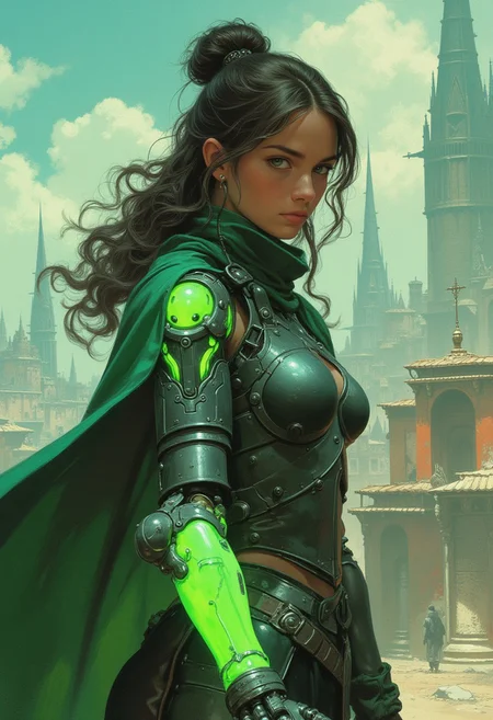 Frank Frazetta fantasy oil painting of beautiful young cyberpunk knight in medieval breastplate, glowing prosthetic, close up portrait of woman with a glowing green prosthetic arm and hand, she is walking through a city