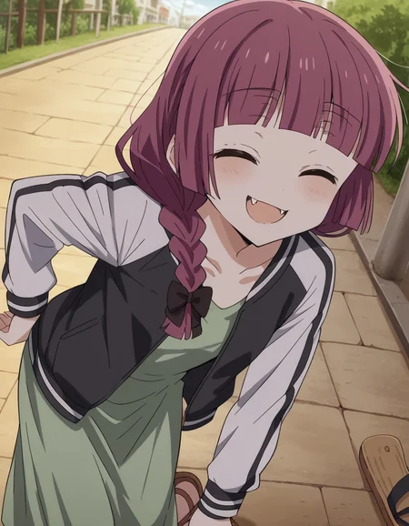 score_9, score_8_up, score_7_up, source_anime,
kikurihiroi, <lora:kikuri-hiroi-s1-ponyxl-lora-nochekaiser:1>,
kikuri hiroi, black bow, blunt bangs, braid, closed eyes, fang, hair bow, hair over shoulder, long hair, purple hair, sidelocks, single braid, fangs,
black jacket, brown footwear, collarbone, dress, green dress, jacket, long sleeves, open clothes, open jacket, raglan sleeves, sandals, white sleeves,
outdoors, street, bent over, smile,
cowboy shot, solo, dutch angle, looking at viewer,