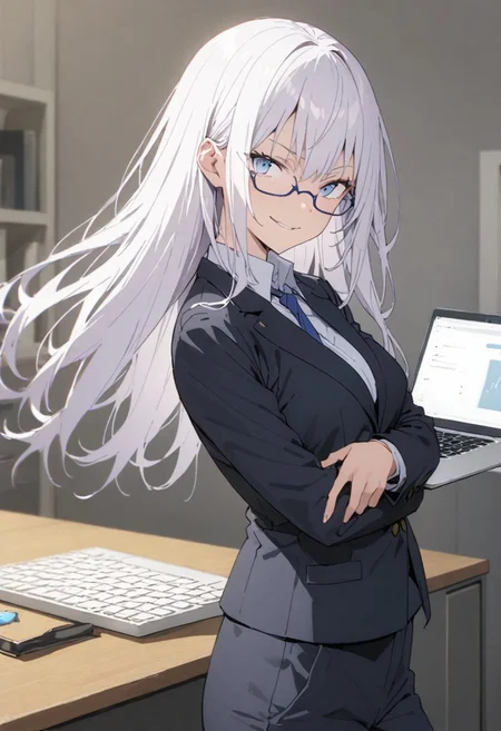 score_9, score_8_up, score_7_up, score_6_up, masterpiece, best quality, absurdres, perfect composition, solo, 1girl, medium breast, gojo satoru, blue eyes, white hair, long hair, business suit, glasses, laptop on desk, office background, smirk, standing, looking at viewer,