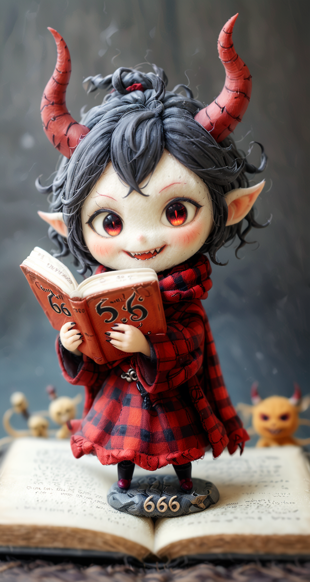 cinematic photo woman, "666" written, <lora:Cute_Collectible:1>, wearing a demonic robe, long flowing plaid scarf, horns, reading a book, evil smile with fangs, <lora:20230930-1696066978110:0.8> Felted Doll, <lora:cutedoodle_XL:0.3> cute doodle, <lora:Low-key lighting Style:0.7> Low-key lighting Style