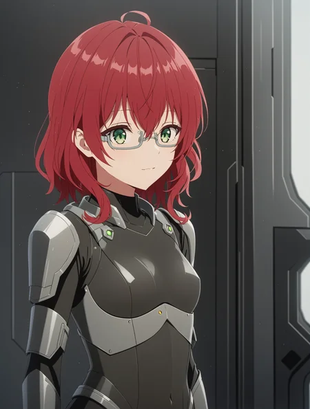 masterpiece, best quality,
1girl,solo,
<lora:dahlia.sdxl.v2:0.9> dahlia, red hair, green eyes, grey glasses,
teenager,
black bodysuit,
science fiction, grey armor,