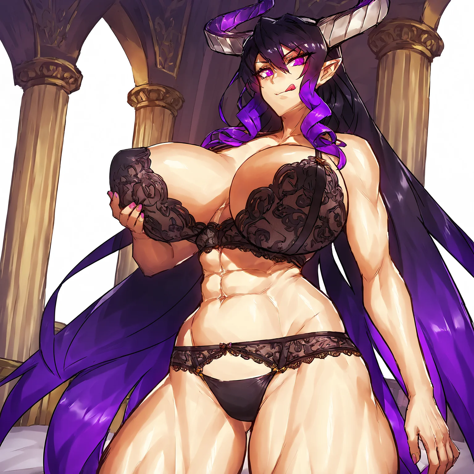 score_9, score_8_up, score_7_up, source_anime BREAK looking at viewer, seductive smile, squinting, licking lips, BREAK, <lora:Demon_Lord_Rava_Maou_To_Shugo_Kishi_-_Melon22:0.8> drill sidelocks, demon lord rava, purple eyes, pointy ears, multicolored hair, purple hair, black hair, long hair, horns, gradient hair, muscular female. round breasts, huge breasts, zPDXL2, <lora:Melon22-Style-PonyXL:1>, <lora:add-detail-xl:1> <lora:hand 4:0.5> Hand, perfect, detailed, perfection, hands, white skin, bedroom, palace, facing viewer, black lingerie, intricate lingerie, approaching viewer,