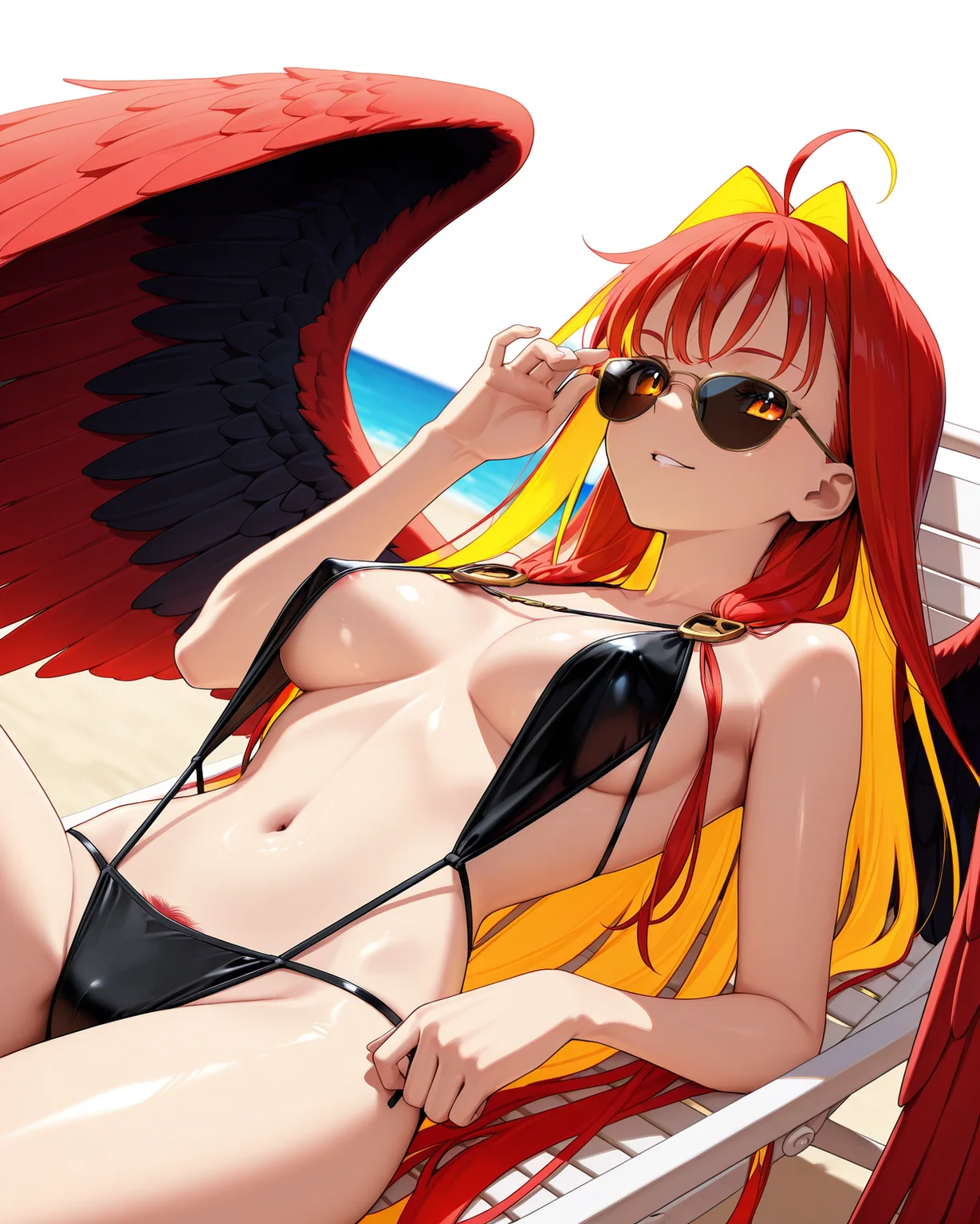 <lora:illustriousXLv01_stabilizer_v1.152:0.3>,
anime coloring,anime screencap,
highres,best quality,masterpiece,
shiny skin,
BREAK
simple_background,beach,white beach chair,table,wind,
BREAK
<lora:Aphrodite_FATE_IL>,Aphroditelike,1girl,solo,ahoge,long hair,orange eyes,parted lips,medium breasts,multicolored hair,two-tone hair,red hair,blonde hair,very long hair,navel,cleavage,
wings,feathered wings,multiple_wings,red skulls on wings,red wings,
black slingshot swimsuit,navel,strap gap,breasts apart,areola slip,covered nipples,pubic hair peek,
on back,adjusting eyewear,tanning,reclining,smile,sunglasses,
cowboy_shot,dutch angle,