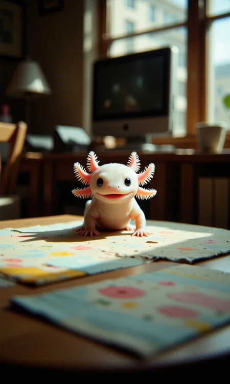 act1vate, Shot with a Holga camera, a tiny axolotl with pink frilly gills and round black eyes with a smile on a coffee table<lora:Axomodel_Flux_V2.safetensors:1.0:1.0> <lora:holga-photography-v2.safetensors:0.5:0.5>