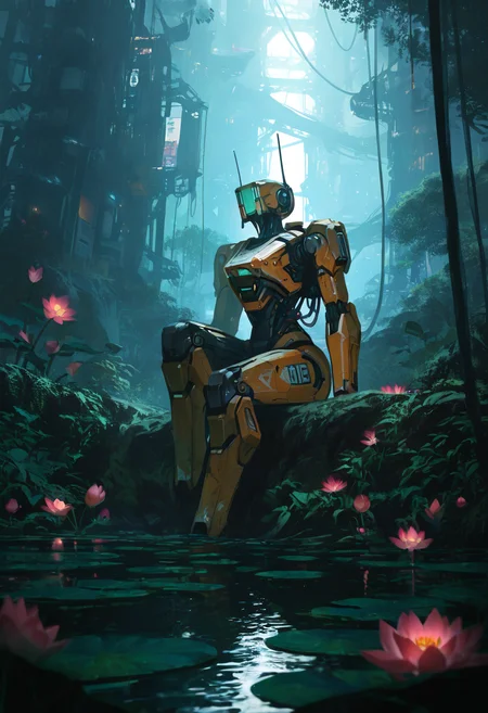 masterpiece, best quality, good quality, very awa, very aesthetic, absurdres, newest, solo, sitting, flower, outdoors, water, no_humans, depth_of_field, looking_up, robot, scenery, nature, mecha, science_fiction, cable, radio_antenna, lily_pad, lotus, humanoid_robot, Robot Uprising,Apocalyptic Earth,Futuristic, Cinematic Lighting <lora:spo_sdxl_10ep_4k-data_lora_webui:0.6> <lora:ponyv4_noob1_2_adamW-000017:0.7> <lora:USNR_STYLE_XL_lokr:0.45> <lora:748cmSDXL:0.4>