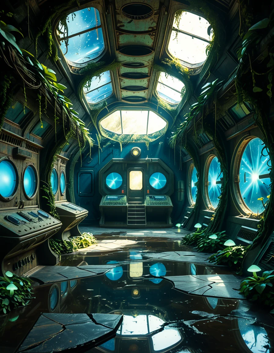 The interior of an ancient abandoned spaceship, overtaken by lush vegetation. The walls and ceiling are covered in thick, twisting vines and moss. Strange alien plants glow faintly in shades of blue and green, casting an eerie, mystical light across the metallic surfaces. Rusted control panels and shattered glass windows hint at a long-forgotten past. The floor is cracked and partially flooded with still, reflective water. Patches of bioluminescent fungi cling to the corners, adding a surreal atmosphere. The air feels heavy with moisture, and beams of soft, diffused light filter through holes in the hull, creating dramatic shafts of light and shadow. The overall style is hyper-realistic, rich in textures, with a cinematic and slightly melancholic mood.<lora:SDXLFaeTastic2400:0.4> <lora:extremely_detailed:0.4> extremely detailed,<lora:ancient_abandoned_sp4c3sh1p:1>,ancient abandoned sp4c3sh1p, Masterpiece,best quality,hi res,8k,hi res,8k,award winning,(sharp focus, intricate, highly detailed),