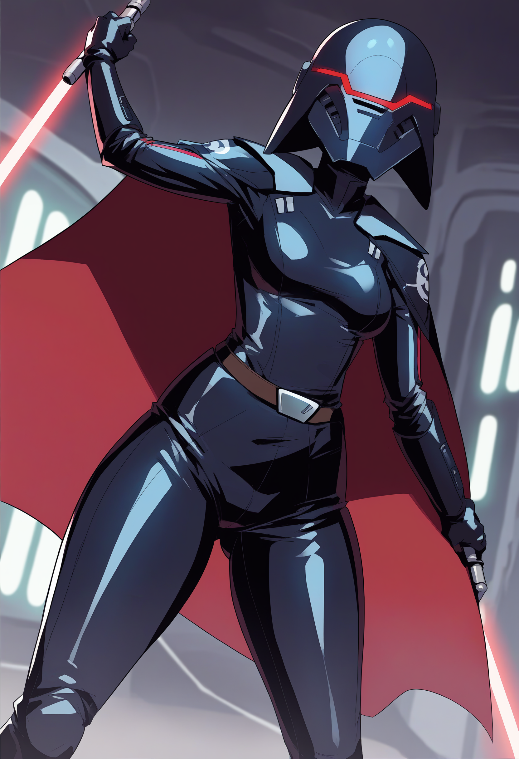 score_9, score_8_up, score_7_up, score_6_up, 2d, rating_questionable, rating_safe,
BREAK
Trilla, helmet with red visor, star wars,
armor,black gloves,tight bodysuit,black cape,black pants,
close up, solo, standing, front view, medium breasts, wide hips, holding lightsaber, action pose, red blade,
indoors, sith base, science fiction, <lora:Trilla:0.8>, <lora:balsamique-guy-PONYv1:0.8>,