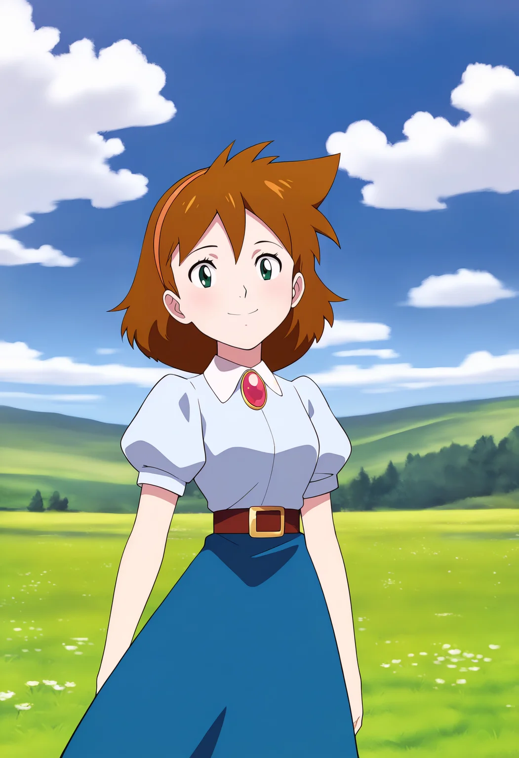 masterpiece, best quality, very aesthetic, absurdres,
1girl, janebuxton, brown hair, short hair, green eyes, hairband,
brooch, puffy short sleeves, dark blue skirt, belt,
standing, solo, looking at viewer, smile, blue sky, grass, cloud, meadow background, <lora:JaneBuxtonNoobXL_byKonan:1>
