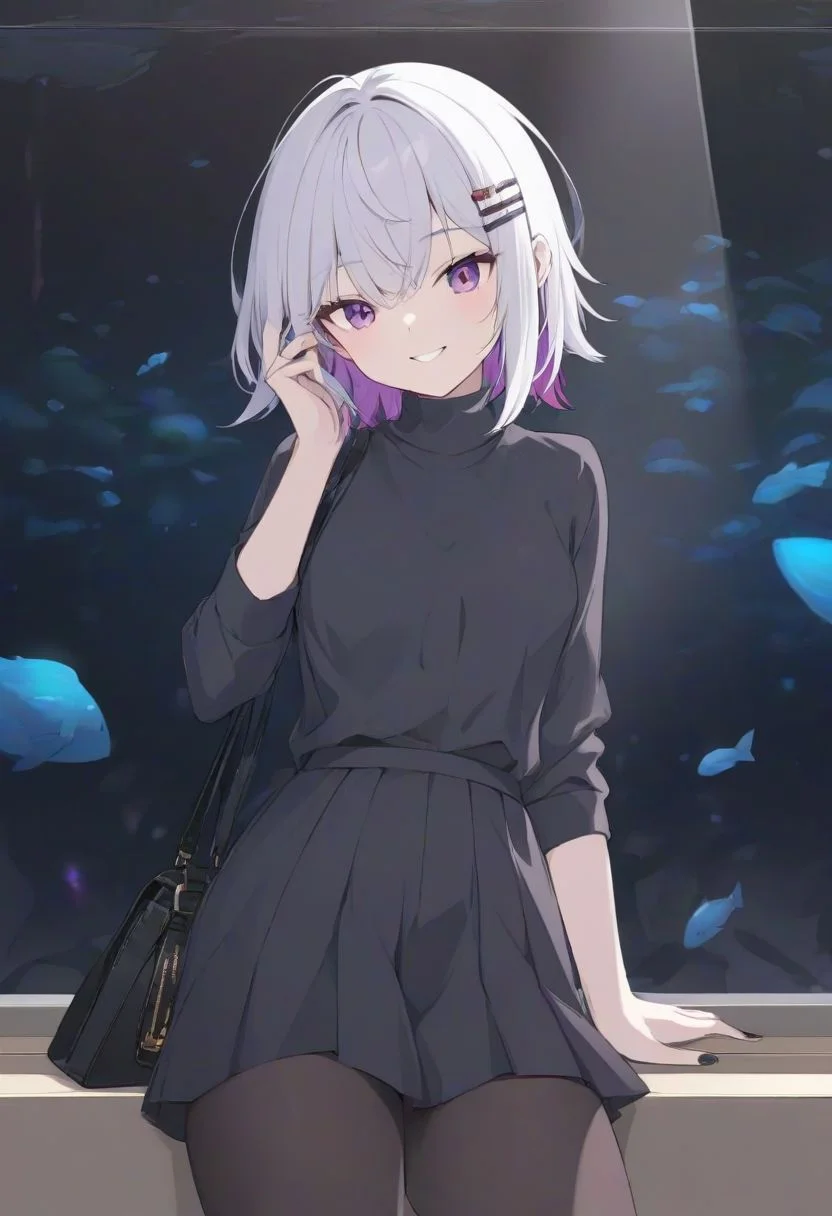 1girl, ellen joe, hand to own hair, cowboy shot, purple eyes,multicolored hair,portrait, white hair, inner hair, purple inner hair, purple inner, short hair,looking at viewer, hair ornament, hairclips, white hair, purple inner hair, black nail,
HDA_flipped hair, ng_deepnegative_v1_75t,
black_pantyhose,medium_breasts,
black dress, bare shoulder,
standing, black purse,
aquarium, dating, inviting, smile, happy, departed lips