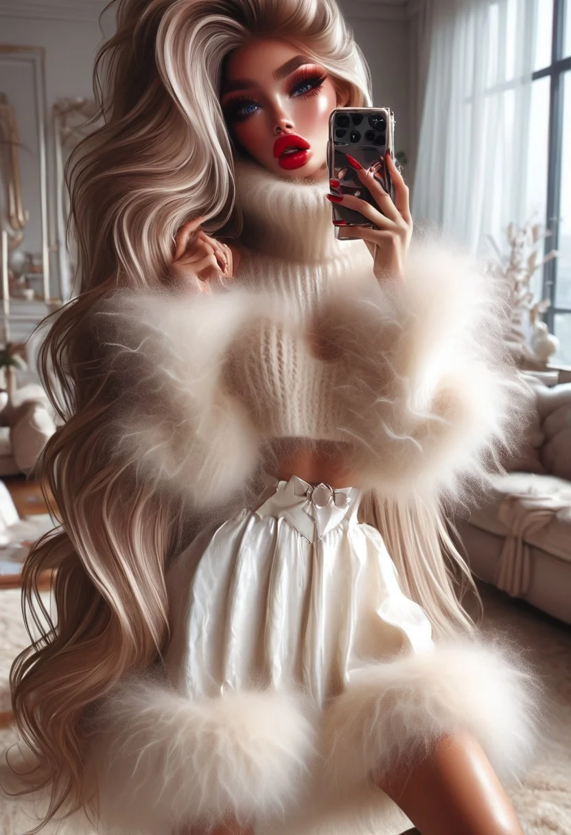 score_9, score_8_up, score_7_up, realistic, hyper-realistic, ultra-realistic, best quality, full body length photo.
Professional photo of LaDy_Bloom. detailed face, ultra-detailed eyes, white hair, striped, off shoulder Mohair_sweater. Model posing and (((seducing the viewer))), looking at viewer. Woman with wavy voluminous hair, absurdly long hair, light blue eyes, beautiful realistic eyes, heavy makeup look, including extra (long lashes), (extended eyeliner), filled in brows, wearing a (fur trim, fluffy, fuzzy, shaggy, hairy, hirsute, cream Mohair_sweater):1.7, under-boob sweater ((absurdly long hair, selfie, white dress, lips, red lipstick on lips, parted lips, (((bimbo lips))), ((bow shaped lips))), Cupids bow, puckered lips, ultra-detailed lips,