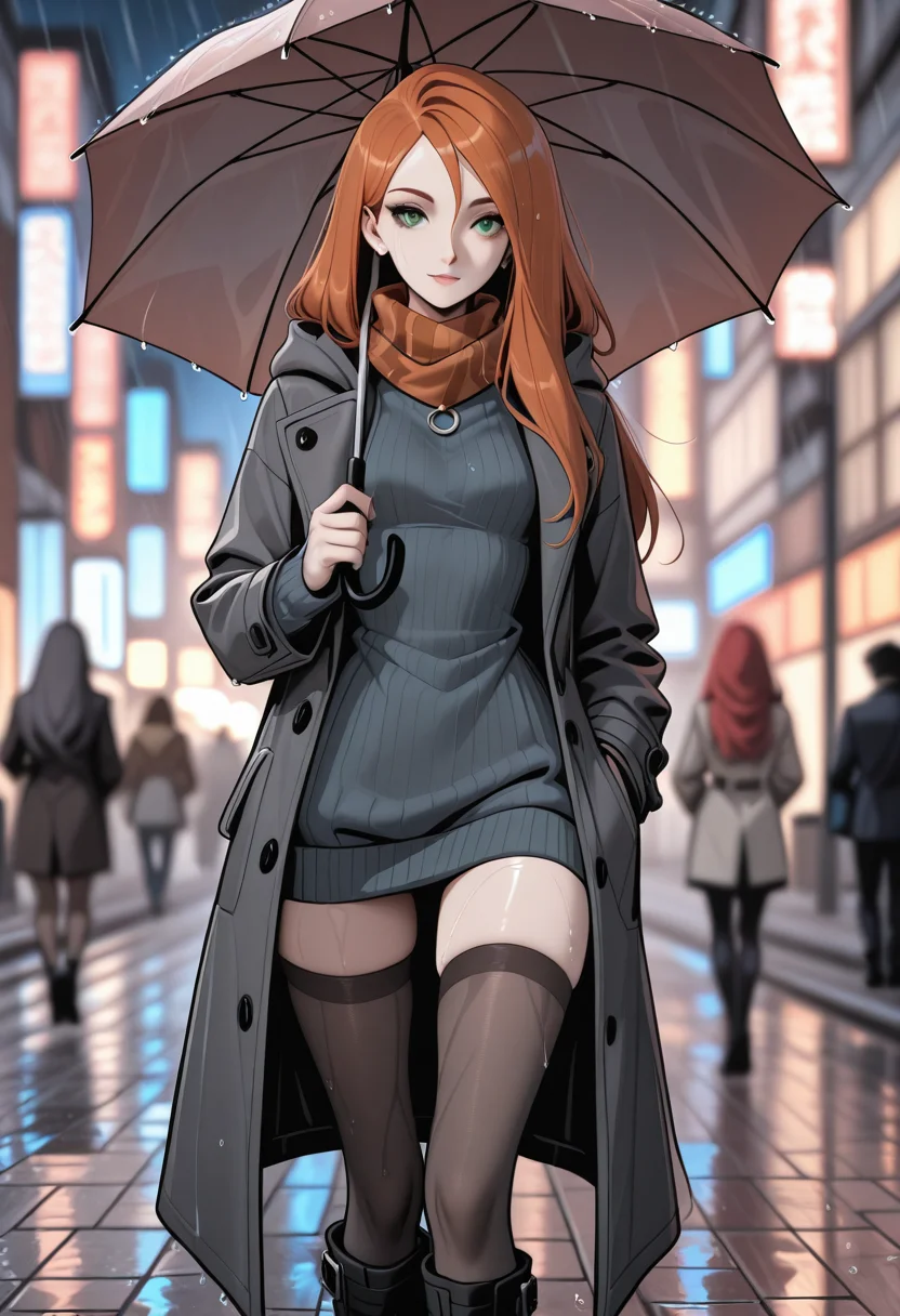 , kim_possible_\(series\), kim_possible, long_hair, orange hair, green_eyes, small_breasts, scarf, long coat, sweater, thighhighs, boots, 1girl, half body, holding umbrella, rain, wet street, city lights, night, reflections, hooded coat, outdoor background, very awa, masterpiece,best quality,newest, absurdres, detailed background, detailed hair, depth of field, detailed skin,very aesthetic, ultra-detailed, OverallDetailXL, aged up, BREAK,