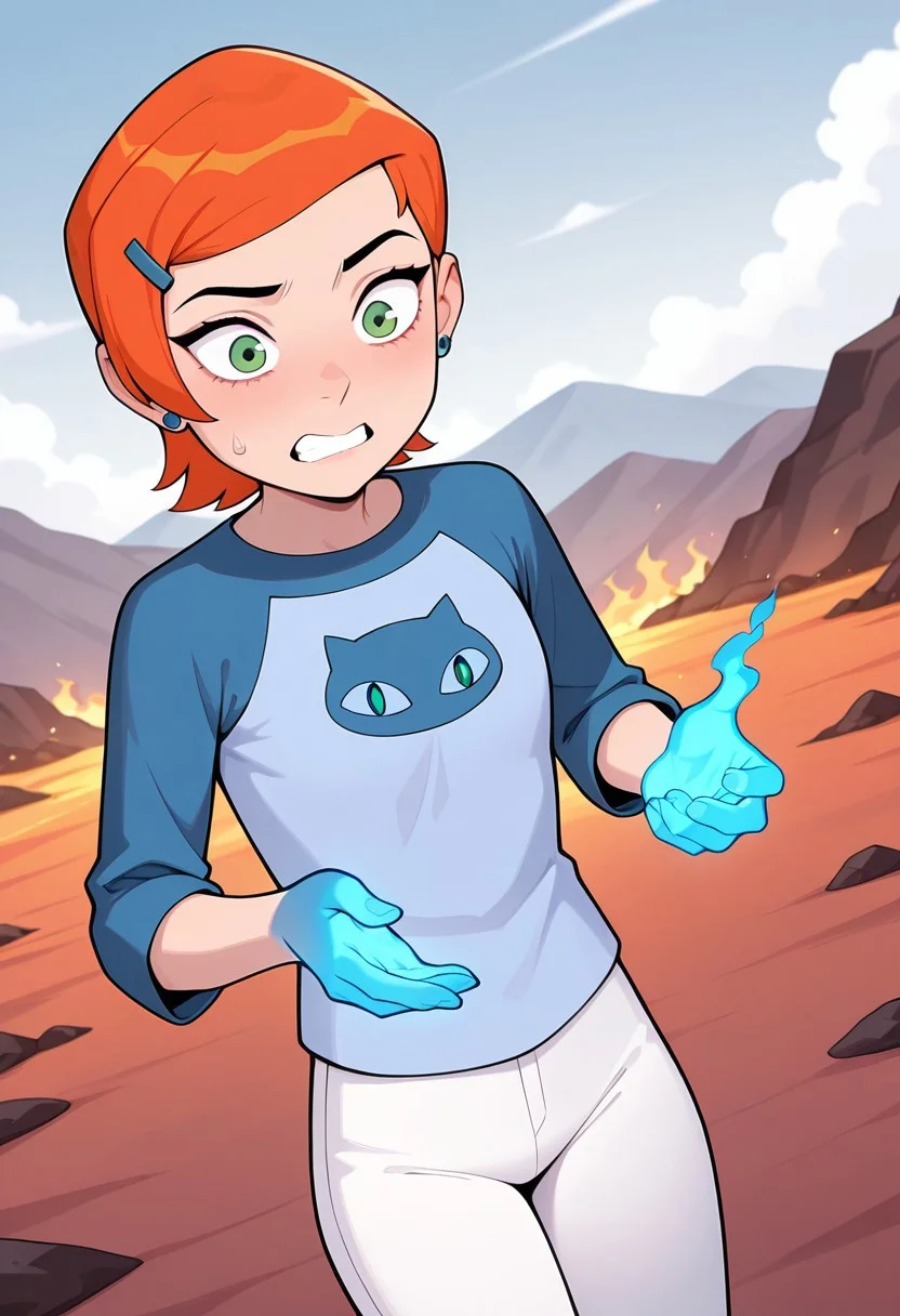 ((screencap, cartoon)) , masterpiece, best quality, amazing quality, very aesthetic, absurdres, newest,
gwenos, short hair, hairclip, orange hair, 1girl, green eyes, earrings, solo,, eye liner
blue shirt, raglan sleeves, cat print, white pants
blue powers, blue glowing hands, burning hand on fire, blue fire, looking at hand, scared, clenched teeth, surprised,