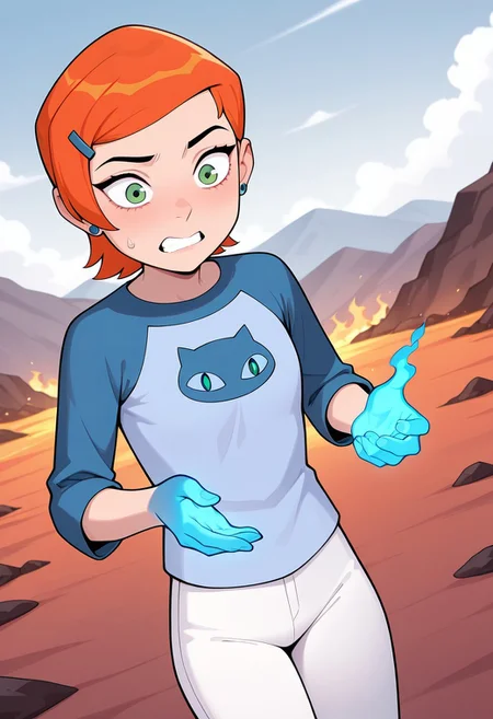 ((screencap, cartoon)) , masterpiece, best quality, amazing quality, very aesthetic, absurdres, newest,
gwenos, short hair, hairclip, orange hair, 1girl, green eyes, earrings, solo,, eye liner
 blue shirt, raglan sleeves, cat print, white pants
blue powers, blue glowing hands, burning hand on fire, blue fire, looking at hand, scared, clenched teeth, surprised,