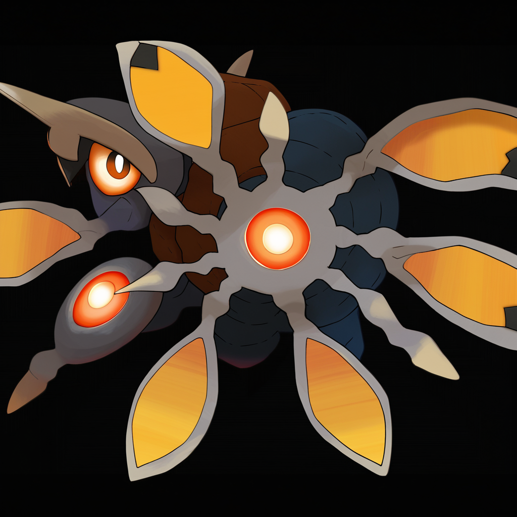<lora:pokemon_pony_xl:0.8>, Type: Normal, Type: Bug Egg Group: Grass The monster's underbelly glows with a soft yellow (orange:0.8) light, visible only during the night, guiding its path in the darkness,Each of its scales contains a tiny Indigo dot, forming a complex mosaic that is unique to each individual,Around its neck is a thick mane made of White fur, giving it a majestic appearance,On its chest is a gemstone that absorbs sunlight and converts it into energy,Its belly scales can vibrate, producing a soothing hum that calms allies,Its nostrils can close tightly, allowing the creature to traverse Grass terrains without inhaling harmful particles,Its digits end in Gray suction cups, facilitating intricate manipulation of objects and climbing of sheer surfaces,It has a Orange aura that envelops it during battles intensifying its Electric abilities,The monster's joints are encased in Brown bony protrusions that provide protection and enhance its physical attacks,The animal's fur can stand on end and emit a Cyan light providing illumination in the darkest environments, score_9, score_8_up, score_7_up, score_6_up, score_5_up, score_4_up.  Simple black background, (Masterpiece:1.3) (best quality:1.2) (high quality:1.1)