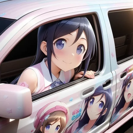 aragaki ayase,smile, from side(lapping car,print car,painted car style),masterpiece,best quality, very aesthetic, absurdres, ultra detailed <lora:Ayase_Aragaki_-_Oreimo:0.7> <lora:lappingcar:1>