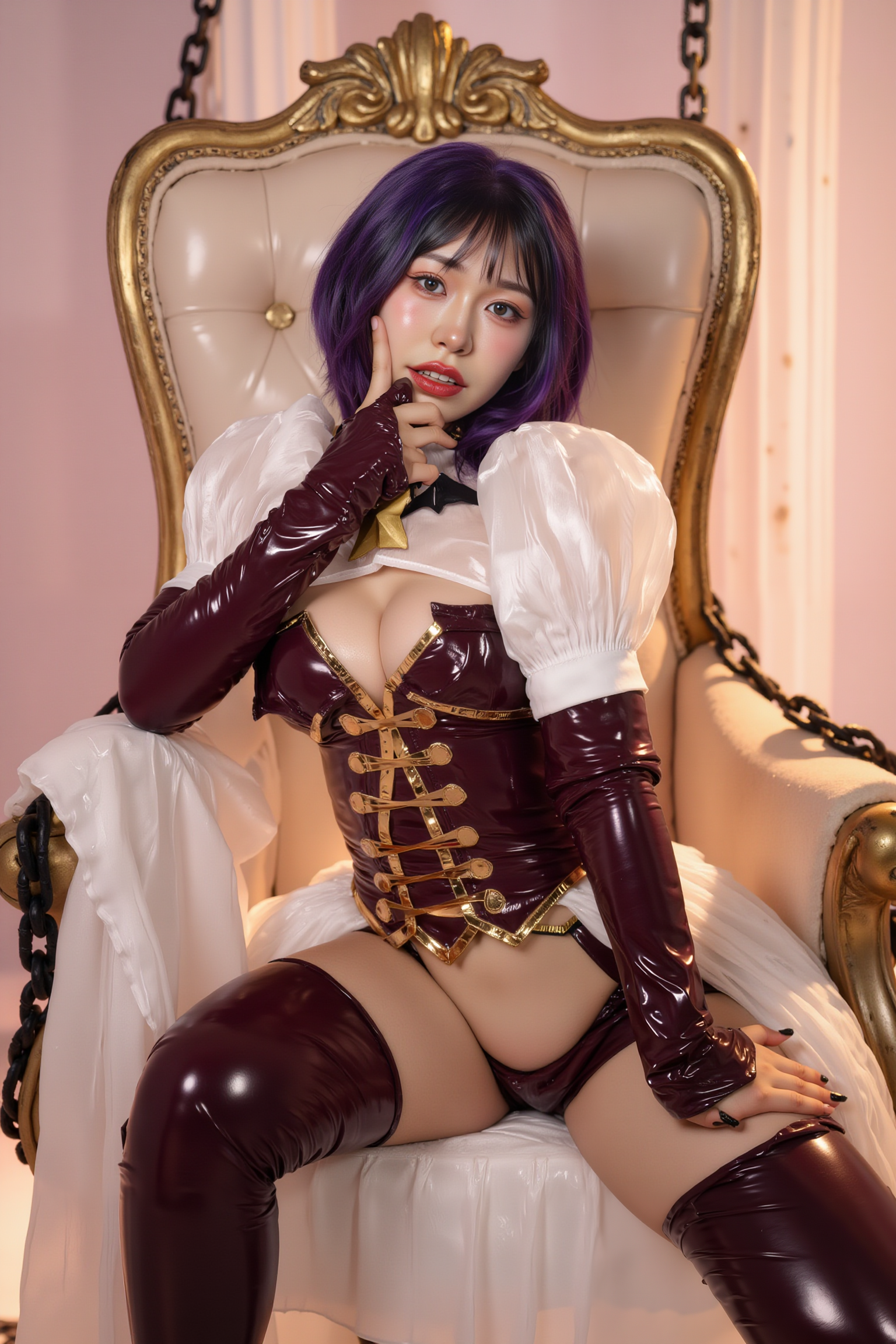 A professional, high-resolution image of a young woman is posed in a confident seated position on an ornate gold and light brown throne-like chair. They're seated with one leg extended forward, creating a dynamic line that draws the eye through the composition. The pose features a slight turn of the upper body toward the camera while maintaining an elegant S-curve silhouette.

She is wearing a SGWN56Clothing. Her makeup is dramatic, with dark eyeliner and bold, glossy pink lips. 

The lighting features a high-contrast, monochromatic white color scheme that creates a moody, intimate atmosphere. 

The photography technique uses what appears to be soft lighting to create a glamorous effect, with careful attention to highlighting contours while maintaining the dominant light brown color scheme throughout the frame.

The overall aesthetic combines elements of fashion photography, traditional Asian visual motifs, and contemporary boudoir styling. The dramatic light brown lighting creates a cohesive visual theme that ties all elements of the composition together.

The white light emit on her to show her feature.