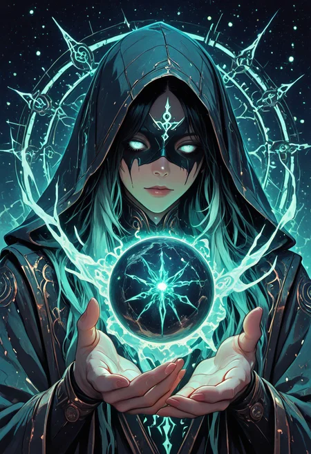 (masterpiece), (best quality), (8k), 1girl, floating in air, cinematic lighting, blindfolded oracle, glowing white eyes beneath blindfold, ethereal chains suspending her, starry sky, broken moons floating, glowing constellations burning in background, orbiting magic runes around hands, glowing timecore with roman numerals and gears, fatecore with glowing threads and eyes, long flowing robes, magical particles, mysterious expression, surreal lighting, celestial aura, black tears floating upward, divine cosmic sorceress, mystic horror fantasy,