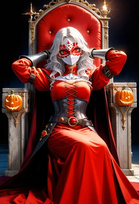 (masterpiece, best quality, absurdness, 4k, aesthetic, detailed, intricate, perfect lighting) cinematic angle, 1sologirl, sitting on throne, elbow rest, castle interior, cape, TWIN belt, armor, cloak, red gloves gauntlets, bkcrown, red eyes, white haired anime girl, with wavy hair, pale skin, On her face she had a pumpkin mask, orange porcelain pumpkin mask, full mask cover face, dressed in a medieval corset, with black medieval clothing, anime style. Conjure up some magic capturing the Halloween spirit. Arms behind head, strong body, abs.