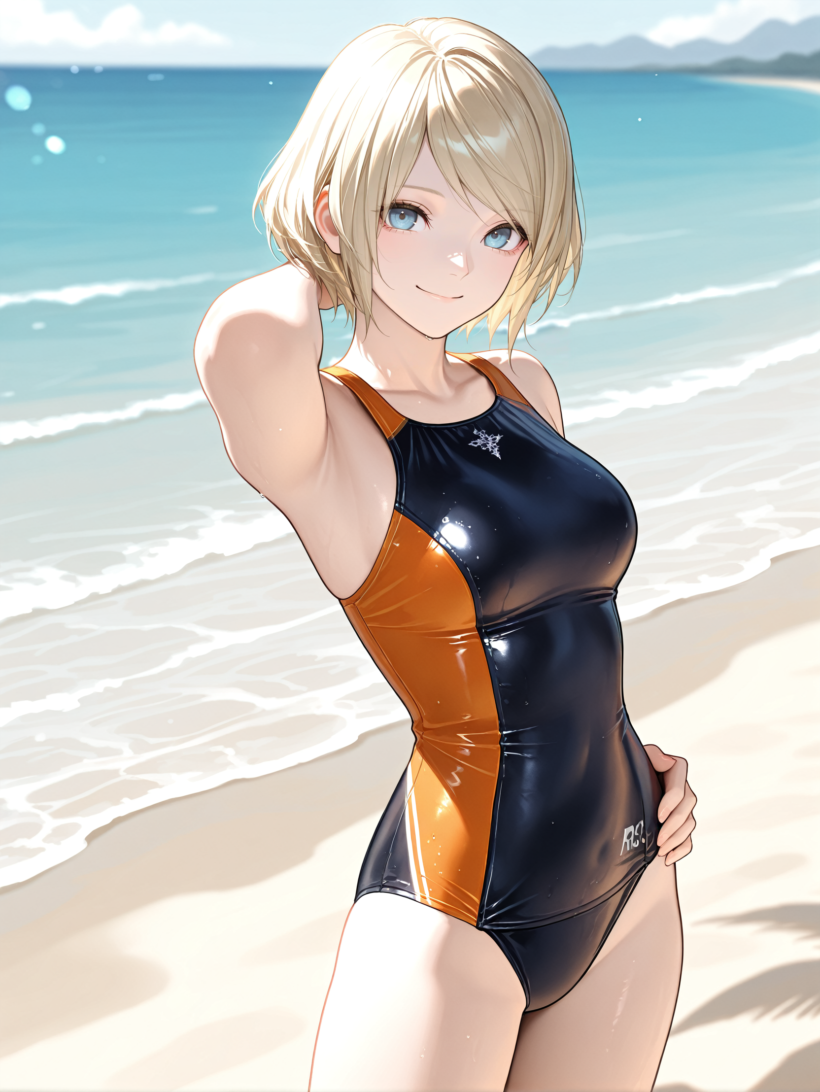 masterpiece, best quality, absurdres,
<lora:RE4Ashley:1.0>
RE4Ashley, 1girl, blonde hair, short hair, blue eyes, looking at viewer, cute swimsuit, beach, hand on own hip, arm behind head, smile, standing, cowboy shot