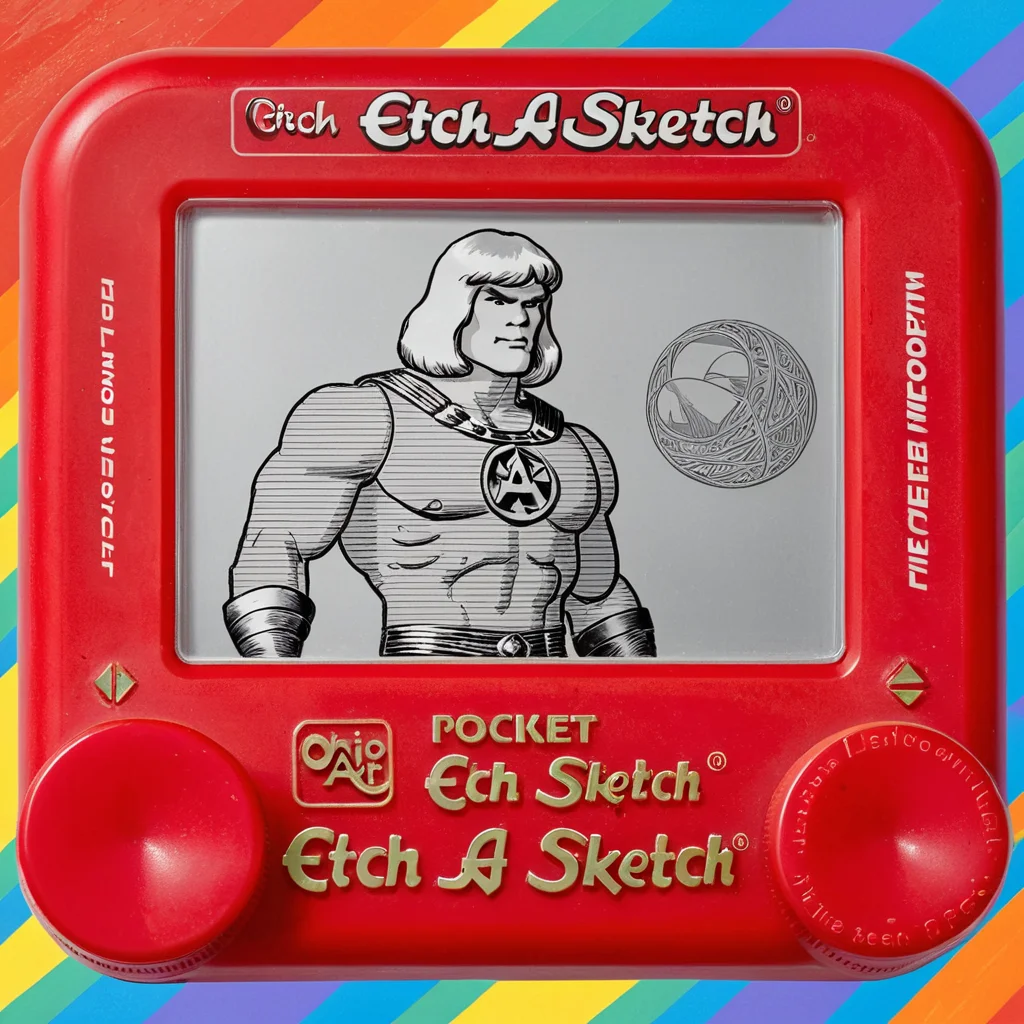 A photo of a red Etch A Sketch toy. The screen of the Etch A Sketch has a drawing of He-Man on the screen. The toy is on a rainbow background. <lora:Etch_A_Sketch-000009:1>