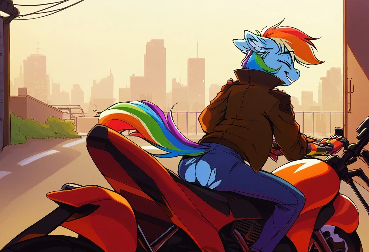 score_9, best quality, masterpiece, source_anime, Rainbow Dash, 1gril, solo, anthro, teasing smile, butt, eyes closet, floppy ears, mare, smiling, free tail, teasing mouth, cyberpunk, neon, mechanical arm, riding a motorcycle, laughing, masterpiece, detailed soft lighting, ear fluff, city background, jacket, pants, torn clothes