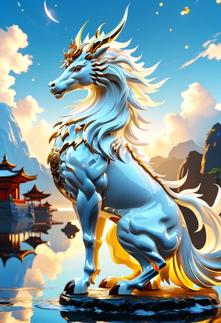 white Celestial Kirin Bohemianism, masterful composition, dynamic volumetric lighting, ray_tracing, reflection,