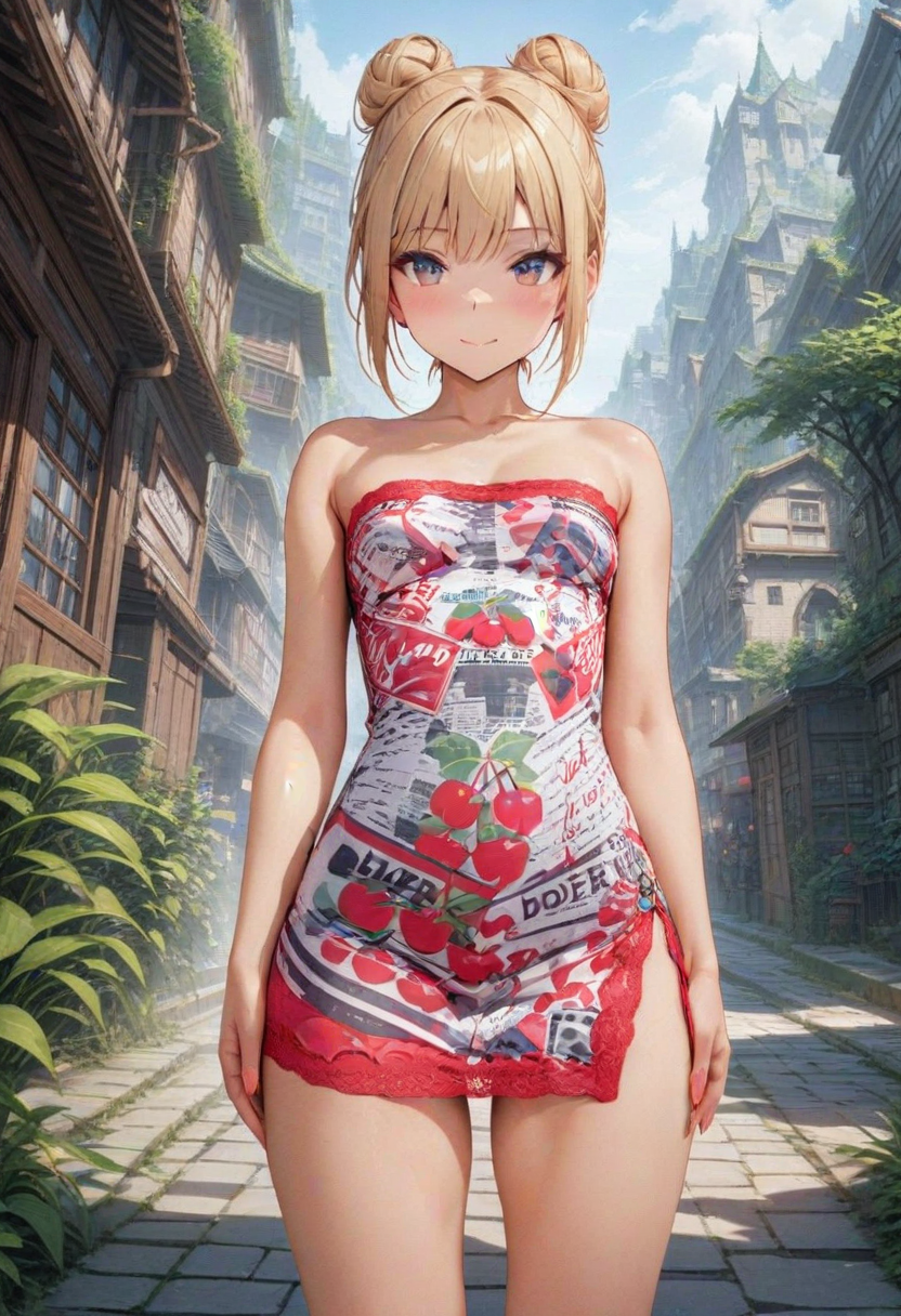masterpiece, 1girl, age20, cherry minidress, blonde hair bun, outdoor, ideal face, ideal body, extremely detailed, 4k, hdr, <lora:add-detail-xl:1.5>, <lora:BT_Cherry_Minidress_XL:0.7>
