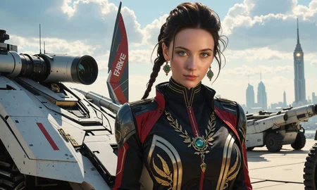 realistic skin texture, visible pores, slight subsurface scattering, soft ambient shadows on her face, cinematic realism, mildly uneven skin tone, photojournalistic style, Salaica_Neph, photographic contouring, depth in face lighting, subtle nose shadow, contoured cheekbones, natural rim light, cinematic portrait lighting, woman in scifi military style uniform standing in front of mechtank, sharp angles, embellished with intricate gold braiding and medals, commanding posture, (dystopian cityscape in the background), ominous clouds, deep shadows, sense of urgency and power, iridescent emerald necklace, gold leaf filigree, "ODYSS3Y" writing