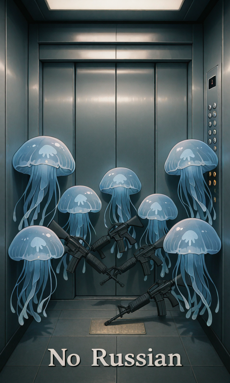 embedding:IllusP0s, (no russian), elevator, holding weapon, assault rifle, jellyfish, no humans,<lora:no russian_illustrious.safetensors:1.0:1.0>