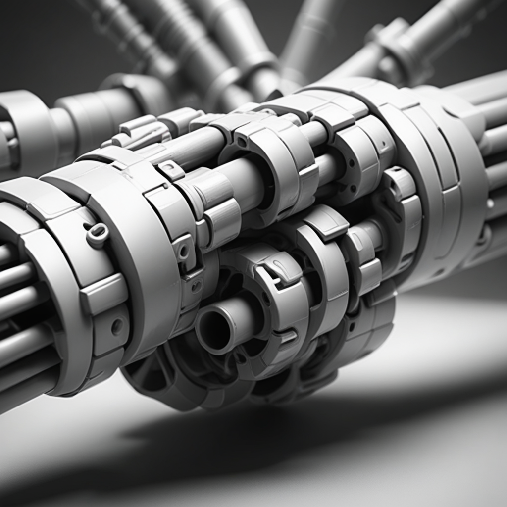 weapon, industrial pipe, spacecraft, monochrome, wire, blurry, mecha, machinery, wheel, robot, gradient, spot color