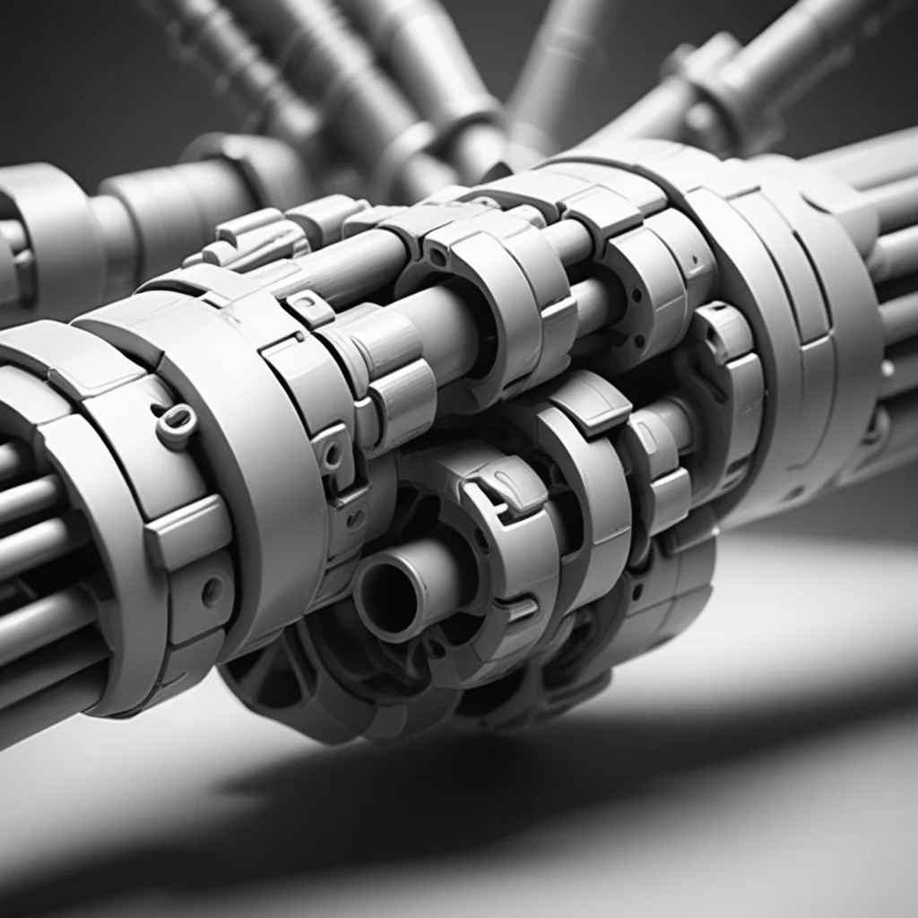 weapon, industrial pipe, spacecraft, monochrome, wire, blurry, mecha, machinery, wheel, robot, gradient, spot color