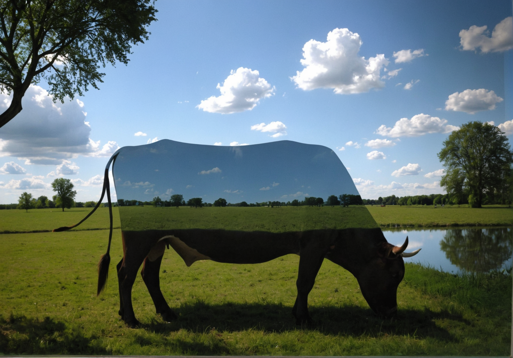 a (side view:1.5) photo of (a transparent silhouette:1.7) of  a (full body  transparent cow:1.8) :2.5) grazing in a field, (transparent head of the cow:1.9) (field  appears through the cow:1.8),  the horizon of the field extends into the cow. a surrealist photo by salvator dali, deviantart, massurrealism, surrealism painting, surrealism art, surrealism aesthetic <lora:RMSDXL_Creative:0.8> <lora:add-detail-xl:0.8>