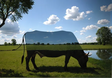 a (side view:1.5) photo of (a transparent silhouette:1.7) of  a (full body  transparent cow:1.8) :2.5) grazing in a field, (transparent head of the cow:1.9) (field  appears through the cow:1.8),  the horizon of the field extends into the cow. a surrealist photo by salvator dali, deviantart, massurrealism, surrealism painting, surrealism art, surrealism aesthetic <lora:RMSDXL_Creative:0.8> <lora:add-detail-xl:0.8>